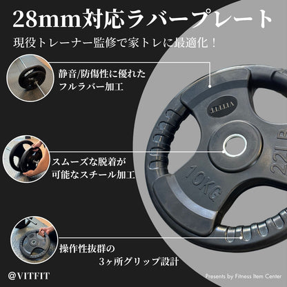 ラバー加工により静音性が抜群！持ちやすい3ケ所のグリップで組み替えも楽々！コスパ最高のバーベルプレートで理想のトレーニングをご自宅で実現 【VITFIT】家トレ特化 28mm対応 バーベル・ダンベルプレート 2.5kg/5kg/10kg/20kg/30kg/40kg/50kg ラバープレート 静音/防傷加工 ホームジム ベンチプレス スクワット 家トレ (ヴィットフィット)■現役トレーナー監修■
