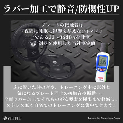 ラバー加工により静音性が抜群！持ちやすい3ケ所のグリップで組み替えも楽々！コスパ最高のバーベルプレートで理想のトレーニングをご自宅で実現 【VITFIT】家トレ特化 28mm対応 バーベル・ダンベルプレート 2.5kg/5kg/10kg/20kg/30kg/40kg/50kg ラバープレート 静音/防傷加工 ホームジム ベンチプレス スクワット 家トレ (ヴィットフィット)■現役トレーナー監修■