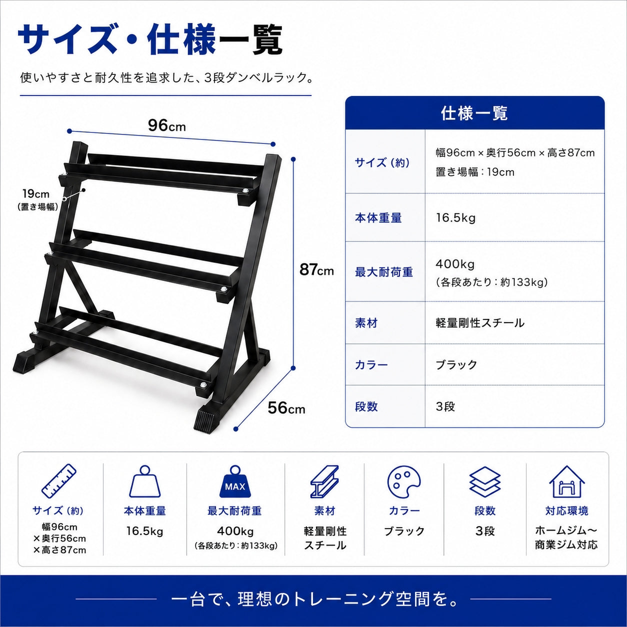 自宅でもジム級のトレーニングを実現する必須アイテム。安全性とトレーニングの幅を広げます。 【トレーニング環境を整える】3段式ダンベルラック 耐荷重400kg 収納ラック ホームジム用 パーソナルジム用 商業ジム用 筋トレ器具【JAPAN BRAND】