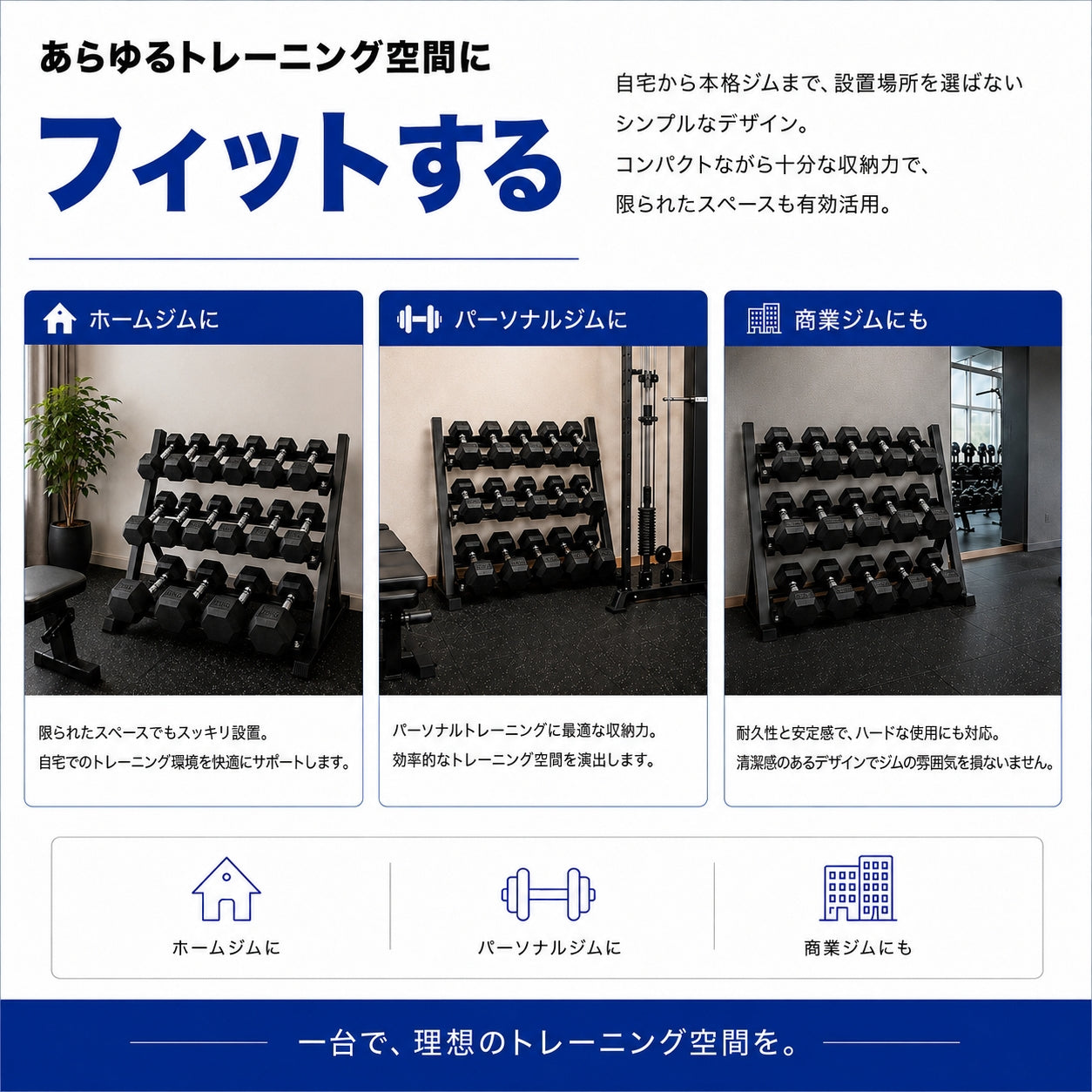 自宅でもジム級のトレーニングを実現する必須アイテム。安全性とトレーニングの幅を広げます。 【トレーニング環境を整える】3段式ダンベルラック 耐荷重400kg 収納ラック ホームジム用 パーソナルジム用 商業ジム用 筋トレ器具【JAPAN BRAND】