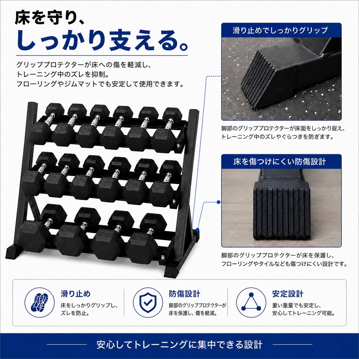 自宅でもジム級のトレーニングを実現する必須アイテム。安全性とトレーニングの幅を広げます。 【トレーニング環境を整える】3段式ダンベルラック 耐荷重400kg 収納ラック ホームジム用 パーソナルジム用 商業ジム用 筋トレ器具【JAPAN BRAND】