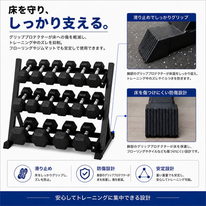 自宅でもジム級のトレーニングを実現する必須アイテム。安全性とトレーニングの幅を広げます。 【トレーニング環境を整える】3段式ダンベルラック 耐荷重400kg 収納ラック ホームジム用 パーソナルジム用 商業ジム用 筋トレ器具【JAPAN BRAND】