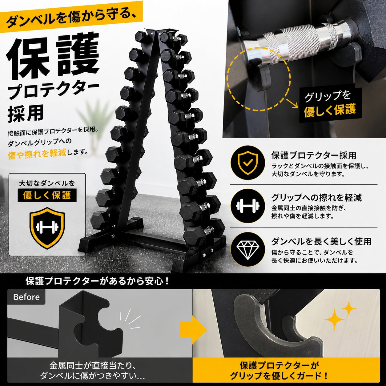 自宅でもジム級のトレーニングを実現する必須アイテム。安全性とトレーニングの幅を広げます。 【全国のパーソナルジムに導入】ダンベルラック ツリー式 20本収納 耐荷重400kg 保護プロテクター付き ホームジム・パーソナルジム・商業ジム対応 高強度スチール製 省スペース収納