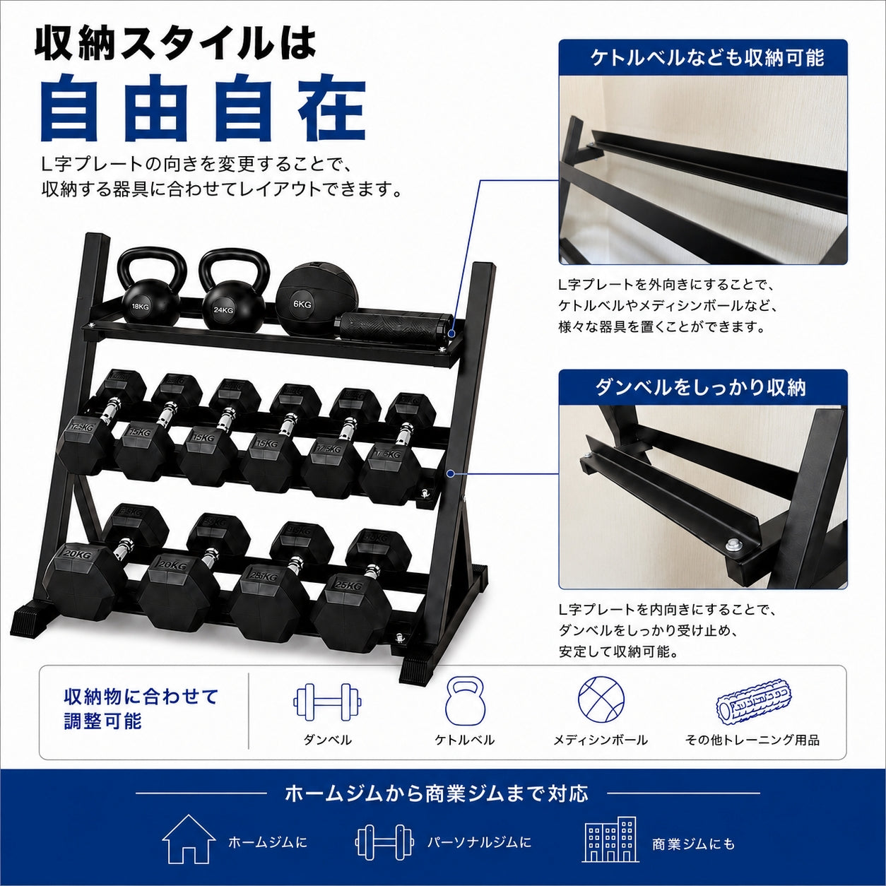 自宅でもジム級のトレーニングを実現する必須アイテム。安全性とトレーニングの幅を広げます。 【トレーニング環境を整える】3段式ダンベルラック 耐荷重400kg 収納ラック ホームジム用 パーソナルジム用 商業ジム用 筋トレ器具【JAPAN BRAND】