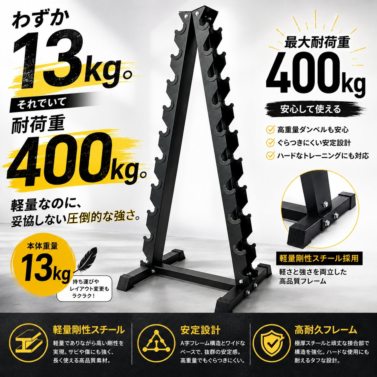 自宅でもジム級のトレーニングを実現する必須アイテム。安全性とトレーニングの幅を広げます。 【全国のパーソナルジムに導入】ダンベルラック ツリー式 20本収納 耐荷重400kg 保護プロテクター付き ホームジム・パーソナルジム・商業ジム対応 高強度スチール製 省スペース収納
