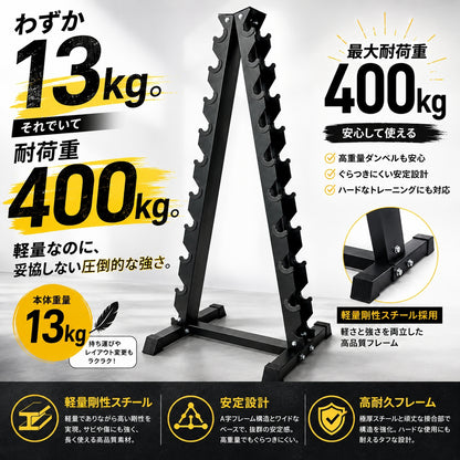 自宅でもジム級のトレーニングを実現する必須アイテム。安全性とトレーニングの幅を広げます。 【全国のパーソナルジムに導入】ダンベルラック ツリー式 20本収納 耐荷重400kg 保護プロテクター付き ホームジム・パーソナルジム・商業ジム対応 高強度スチール製 省スペース収納