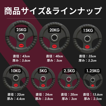 ラバー加工により静音性が抜群！持ちやすい3ケ所のグリップで組み替えも楽々！コスパ最高のオリンピックバーベルプレートで理想のトレーニングを実現 ■大手24時間ジムも導入■計65kgセット(15kg×2枚,10kg×2枚,5kg×2枚,2.5kg×2枚)ラバープレート シャフト直径50mm フルラバー オリンピックバーベル対応 単体使用可 筋トレ ウェイトリフティング パワーリフティング 重り