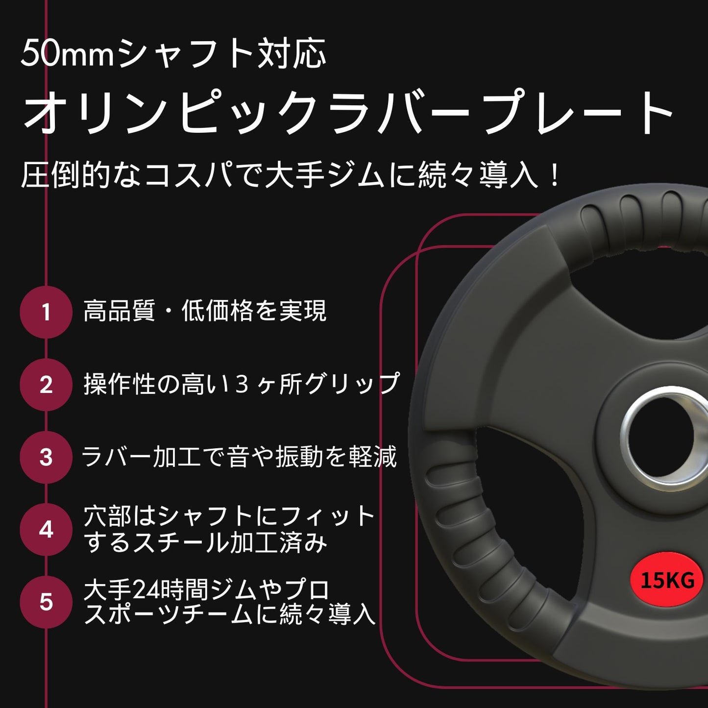 ラバー加工により静音性が抜群！持ちやすい3ケ所のグリップで組み替えも楽々！コスパ最高のオリンピックバーベルプレートで理想のトレーニングを実現 ■大手24時間ジムも導入■計65kgセット(15kg×2枚,10kg×2枚,5kg×2枚,2.5kg×2枚)ラバープレート シャフト直径50mm フルラバー オリンピックバーベル対応 単体使用可 筋トレ ウェイトリフティング パワーリフティング 重り