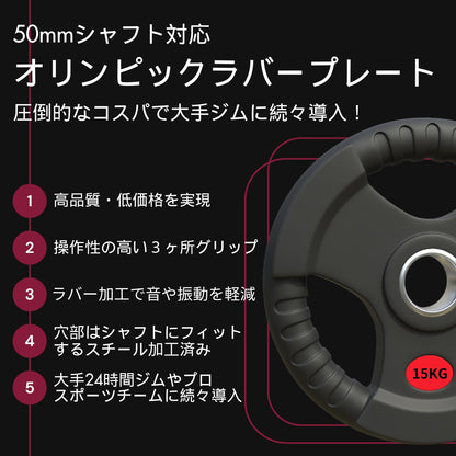 ラバー加工により静音性が抜群！持ちやすい3ケ所のグリップで組み替えも楽々！コスパ最高のオリンピックバーベルプレートで理想のトレーニングを実現 ■大手24時間ジムも導入■計65kgセット(15kg×2枚,10kg×2枚,5kg×2枚,2.5kg×2枚)ラバープレート シャフト直径50mm フルラバー オリンピックバーベル対応 単体使用可 筋トレ ウェイトリフティング パワーリフティング 重り