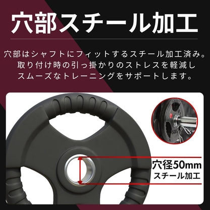 ラバー加工により静音性が抜群！持ちやすい3ケ所のグリップで組み替えも楽々！コスパ最高のオリンピックバーベルプレートで理想のトレーニングを実現 ■大手24時間ジムも導入■計65kgセット(15kg×2枚,10kg×2枚,5kg×2枚,2.5kg×2枚)ラバープレート シャフト直径50mm フルラバー オリンピックバーベル対応 単体使用可 筋トレ ウェイトリフティング パワーリフティング 重り