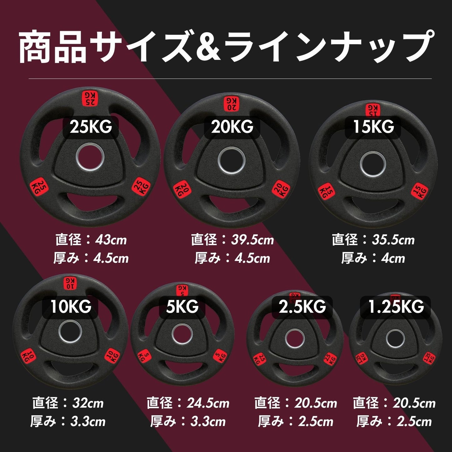エンボス(凹凸)加工により防傷性は抜群！持ちやすい3ケ所グリップで組み替え楽々！コスパ最高のオリンピックバーベルプレートで理想のトレーニングを実現 ■大手24時間ジムも導入■バーベルプレート 計120kg(20kg×2枚,15kg×2枚,10kg×2枚,5kg×4枚,2.5kg×4枚) ラバープレート シャフト直径50mm フルラバー オリンピックバーベル対応 単体使用可 筋トレ ウェイトリフティング パワーリフティング 重り